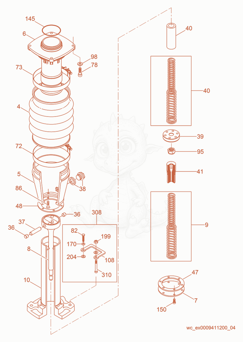 Despiece del cilindro guía de un pisón Wacker Neuson BS 50-4, con sus números de referencia